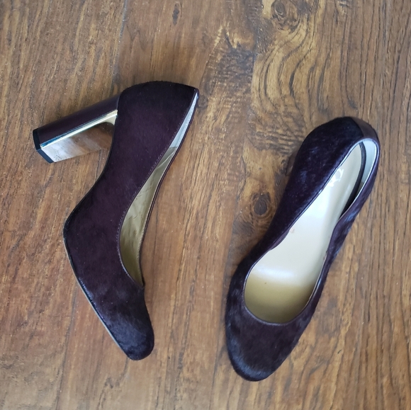 Ann Taylor Sz 8.5 Gold Heel Died Shearling Cow Hair Pumps brown Purple block - Picture 13 of 15